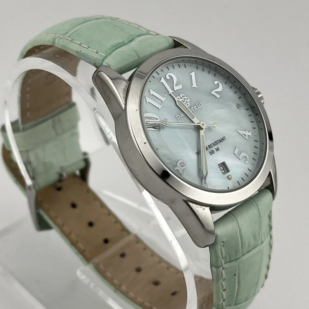 Pastorelli Watch Women 34mm Case MOP Dial Blue Leather Band Swiss- New Battery